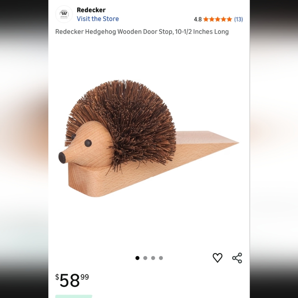 Redecker Hedgehog Wooden Door Stop, 10-1/2 Inches Long, Made In Germany